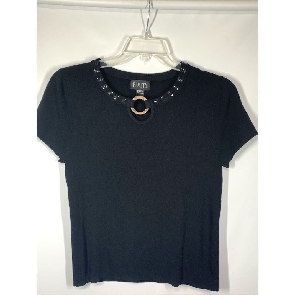 Finity Women's Short Sleeve Round Neck Stretchy Top Blouse Black Size Large